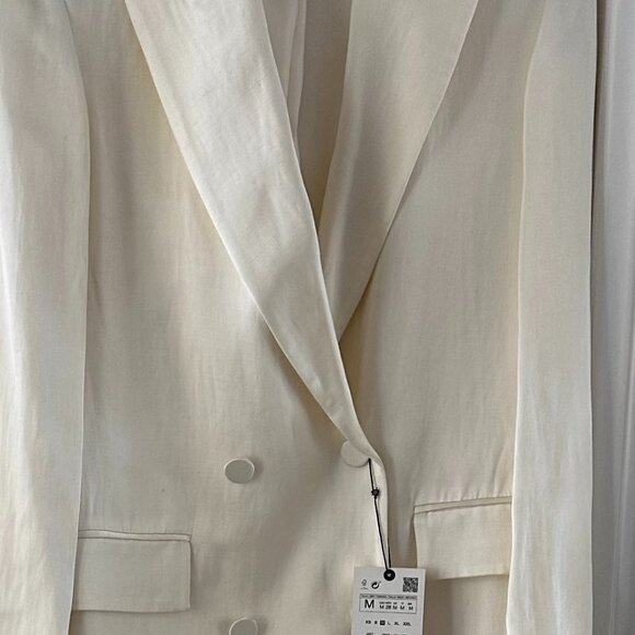 ZARA Wide Leg Tuxedo Stripe Satin Ivory Trouser Size Large - Picture 3 of 4